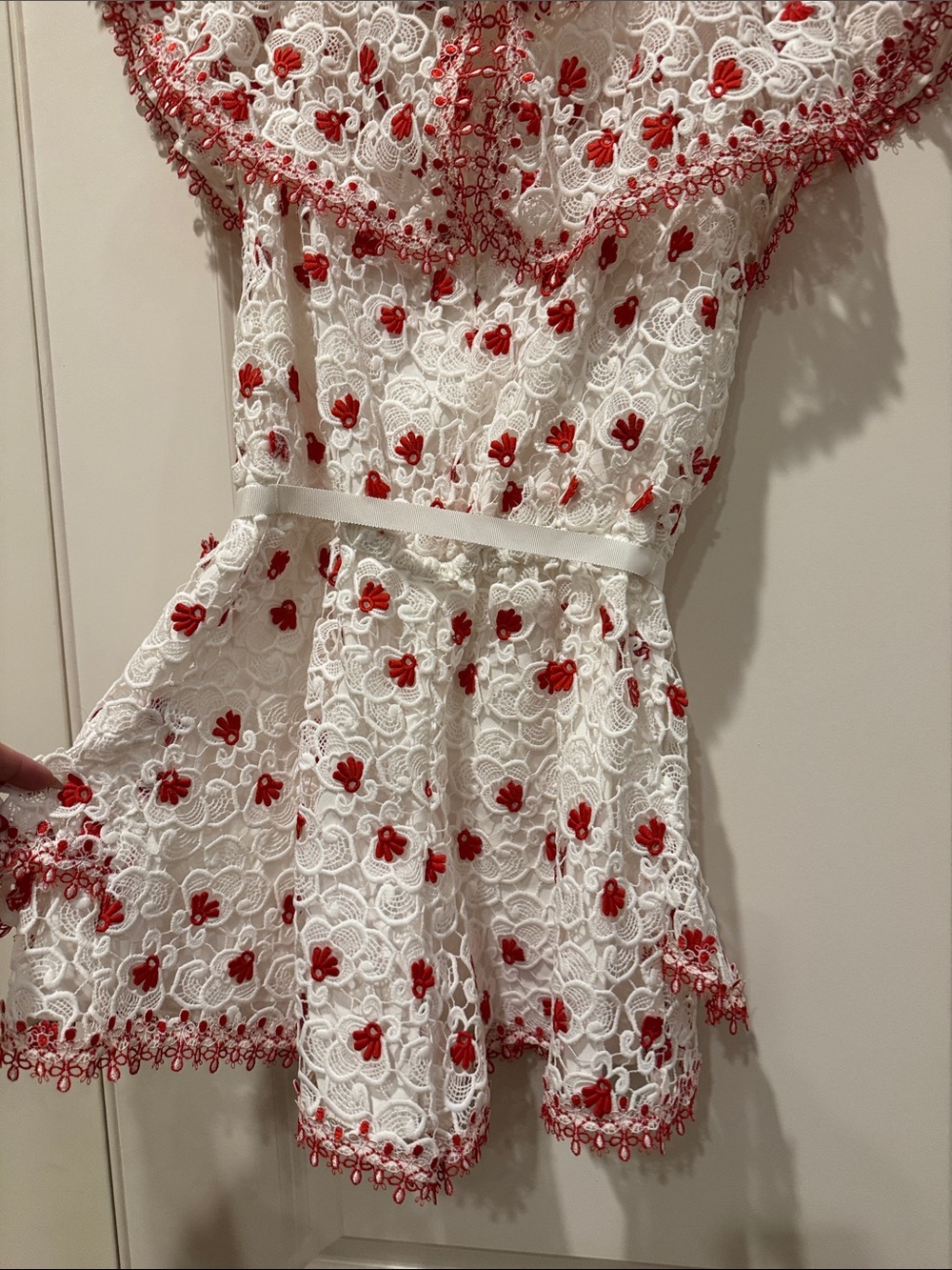 Alexis White Eyelet Romper with Red Floral Embroidery Trim - Picture 7 of 7